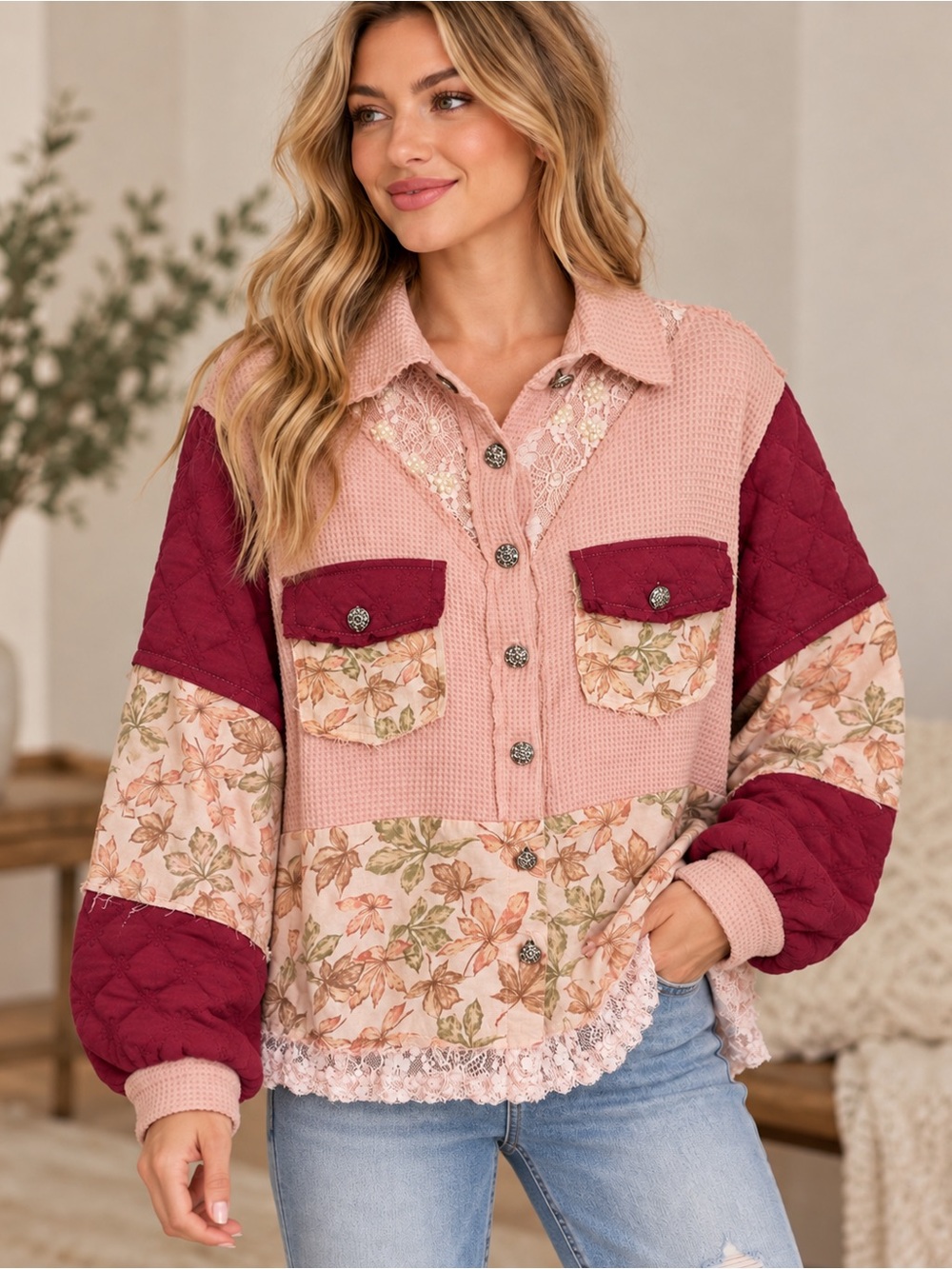 POL Patchwork Floral Lace Pearl Detail Shacket